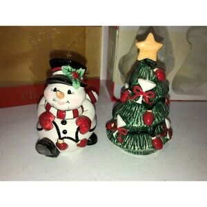 Fitz and Floyd Cheers Snowman Christmas Tree salt  and pepper shakers 2006